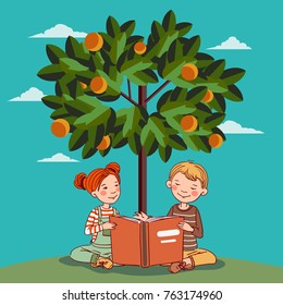 Cute boy and girl reading books under the orange tree
