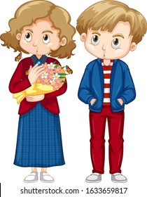 Cute boy and girl in red and blue clothes illustration