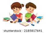 Cute boy and girl are relaxing and enjoying reading books. Vector illustration isolated on white background