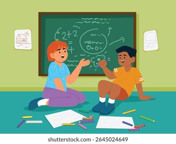 Cute boy and girl are relaxing and enjoying reading books. Vector illustration isolated on white background