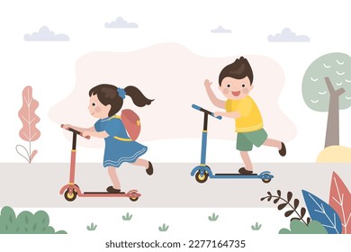 Un chico y una chica guapos patean a los patinetes. Los niños juegan, imaginan, los niños activos conducen motos pequeñas. La infancia, el deporte y el hobby, exploran el mundo. Amigos divertidos conductores en un transporte de juguete en dos ruedas. 