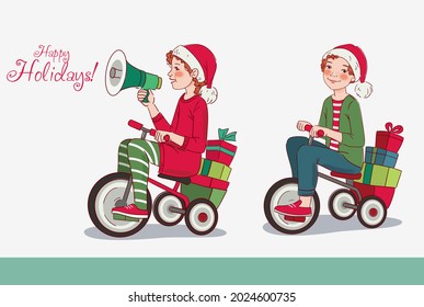 Cute boy and girl rides on bicycle. Funny girl shouting on the megaphone. Christmas illustration vector concept