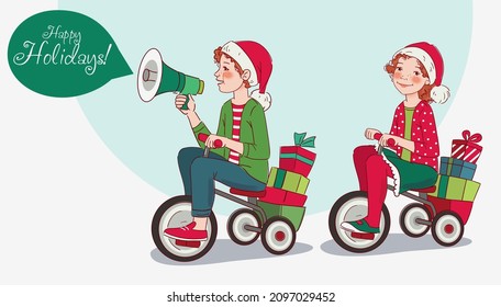 Cute boy and girl rides on bicycle. Funny boy shouting on the megaphone. Christmas illustration vector concept