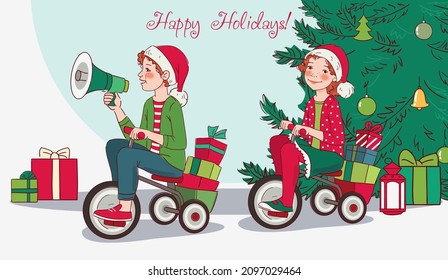 Cute boy and girl rides on bicycle. Funny boy shouting on the megaphone. Christmas illustration vector concept