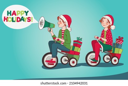 Cute boy and girl rides on bicycle. Funny boy shouting on the megaphone. Christmas illustration vector concept