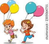 Cute boy and girl running with balloons. Vector cartoon illustration.