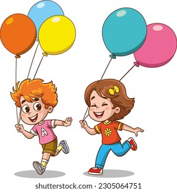 Cute boy and girl running with balloons. Vector cartoon illustration.