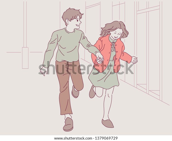 Cute Boy Girl Running Holding Hands Stock Vector Royalty Free