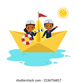 Cute boy and girl in sailor uniform sailing with origami boat. Flat vector cartoon design