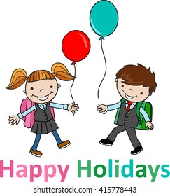 Cute boy and girl school children. Vector illustration. School boy and school girl with red and green balloon.