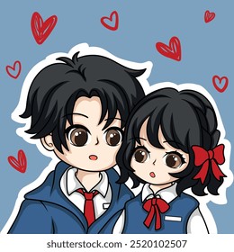Menino bonito e menina no uniforme escolar com corações no fundo azul