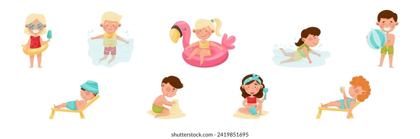 Cute Boy and Girl at Seaside Enjoy Summer Vacation Vector Set