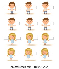 The cute boy and girl show Hand symbol and flag. Vector flat design illustration.