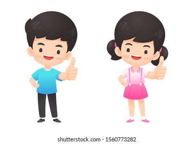 Cute boy and girl show thumb up, like pose, Kawaii vector cartoon character for illustration