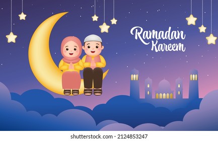 Un chico y una chica guapos sentados en una luna creciente y celebrando el Ramadán Kareem. Diseño vectorial de estilo de dibujos animados