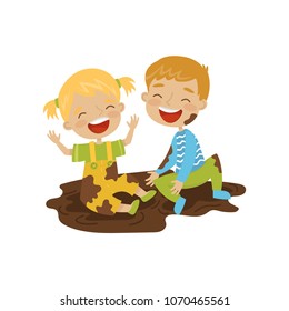 Cute boy and girl sitting in a dirt, hoodlum cheerful kids, bad child behavior vector Illustration on a white background