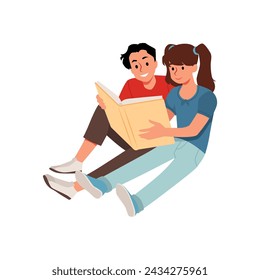 Muchacho lindo y muchacha están sentados y disfrutando leyendo un libro. Ilustración vectorial de niños leyendo aislados sobre fondo blanco. Educación, estudiantes preparándose para los exámenes, vuelta a la escuela