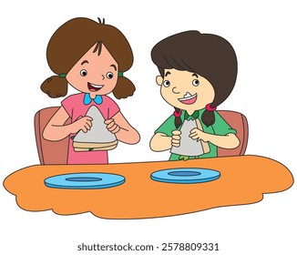 Cute boy and girl sitting and an food