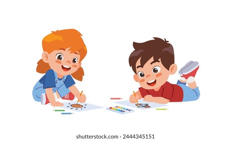 Cute boy and girl sitting and lying drawing with colored pencils lying on the floor.