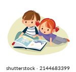 Cute boy and girl sitting on the floor and reading book, magazine with pleasure and curiosity. Reading for fun. Isolated vector illustration.