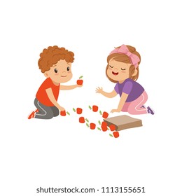 Cute Boy And Girl Sitting On The Floor And Playing With Apples, Kids Sharing Fruit Vector Illustration On A White Background