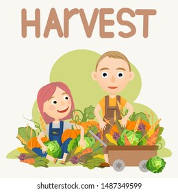 Cute boy and girl are sitting on a heap of ripe fresh vegetables. Harvest. Farming and agriculture. People doing farming job. Vector illustration of kids