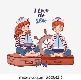 Cute boy and girl sitting on a suitcase and playing with toy sailing boat. Travel  vector concept