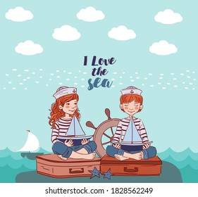 Cute boy and girl sitting on a suitcase and playing with toy sailing boat. Travel  vector concept
