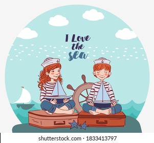 Cute boy and girl sitting on a suitcase and playing with toy sailing boat. Travel  vector concept