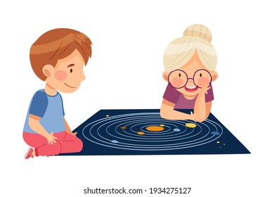 Cute Boy and Girl Sitting on the Floor and Studying Space and Galaxy Examining Solar Planets Vector Illustration