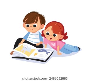 Cute boy and girl sitting on the floor and reading book, magazine with pleasure and curiosity. Reading for fun. Isolated vector illustration.