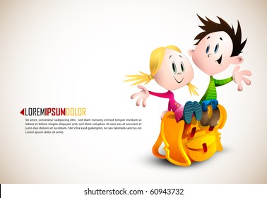 Cute Boy and Girl sitting on School Backpack | Happy Children | Detailed vector illustration with space for text | All layers named accordingly