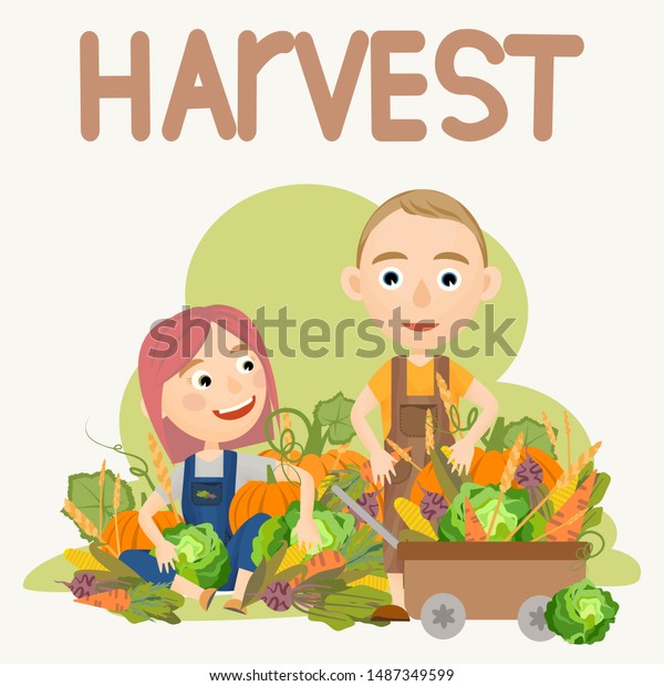かわいい少年と女の子が熟した新鮮な野菜の山に座っている 収穫 農業と農業 農業の仕事をする人々 子どものベクターイラスト のベクター画像素材 ロイヤリティフリー