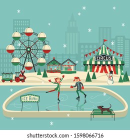 Cute boy and girl skating on ice flat vector. Comic happy small girl, boy skating cartoon. Winter amusement park sport fun enjoy on ice rink. Winter outdoor leisure activity background illustration