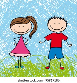 cute boy and girl sketch background. vector illustration