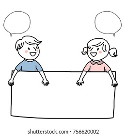 Cute boy and girl smiling to each other and holding blank signboard for filling in text or message in blank space. Word balloons included. Vector illustration with hand-drawn style.