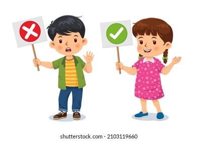 Cute boy and girl standing holding with right and wrong signs. Vector illustration