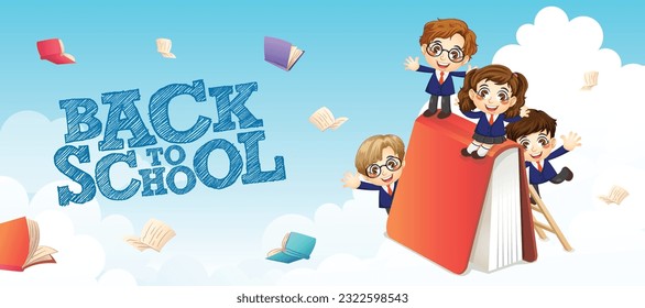 Cute boy and girl student playing with giant book, back to school, print, artwork, doodle, vector illustration (Vector)