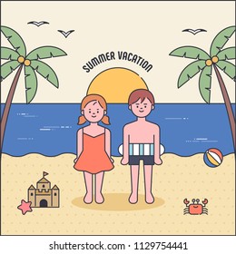 cute boy and girl summer beach poster flat design style vector graphic illustration set