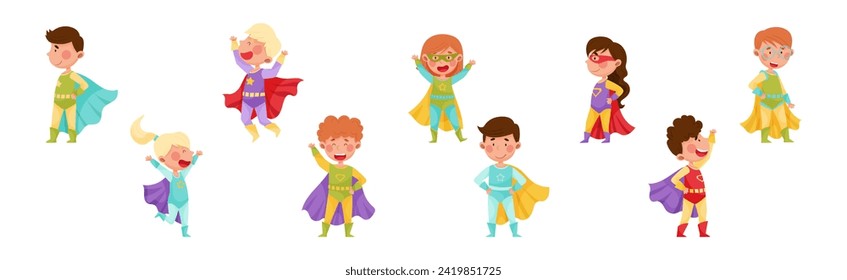 Cute Boy and Girl in Superhero Costume with Cloak Vector Set