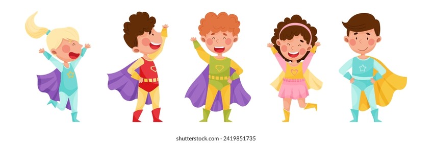 Cute Boy and Girl in Superhero Costume with Cloak Vector Set