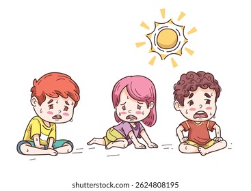 Cute boy and girl sweating from heat during hot summer weather heat wave with. people vector illustrations in various poses