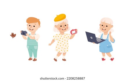 Cute Boy and Girl Taking Photo with Camera and with Laptop Vector Set