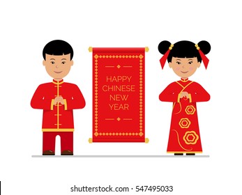 Cute boy and girl in traditional Chinese costumes. Template congratulations on the Happy Chinese New Year. Children in national chinese dress with scroll isolated on white background. 