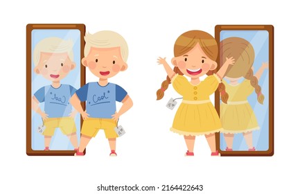 Cute boy and girl trying on fashionable clothes in front of mirror cartoon vector illustration