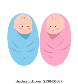 Cute boy and girl twin newborn babies in flat design on white background.