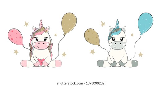 Cute boy and girl unicorns. Birthday party, baby shower. Vector illustration.