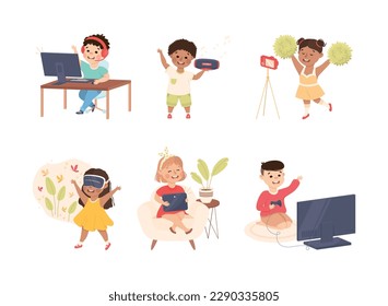 Cute Boy and Girl Using Gadget and Electronic Device Vector Set