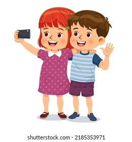 Cute boy and girl are using smartphones to take a selfie together. Vector illustration