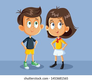 Cute Boy and Girl Vector Characters. Little kids smiling and wearing trendy outfits 
